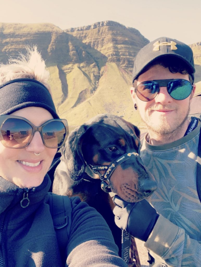 Myself with Isla the dobermann and my husband Thom